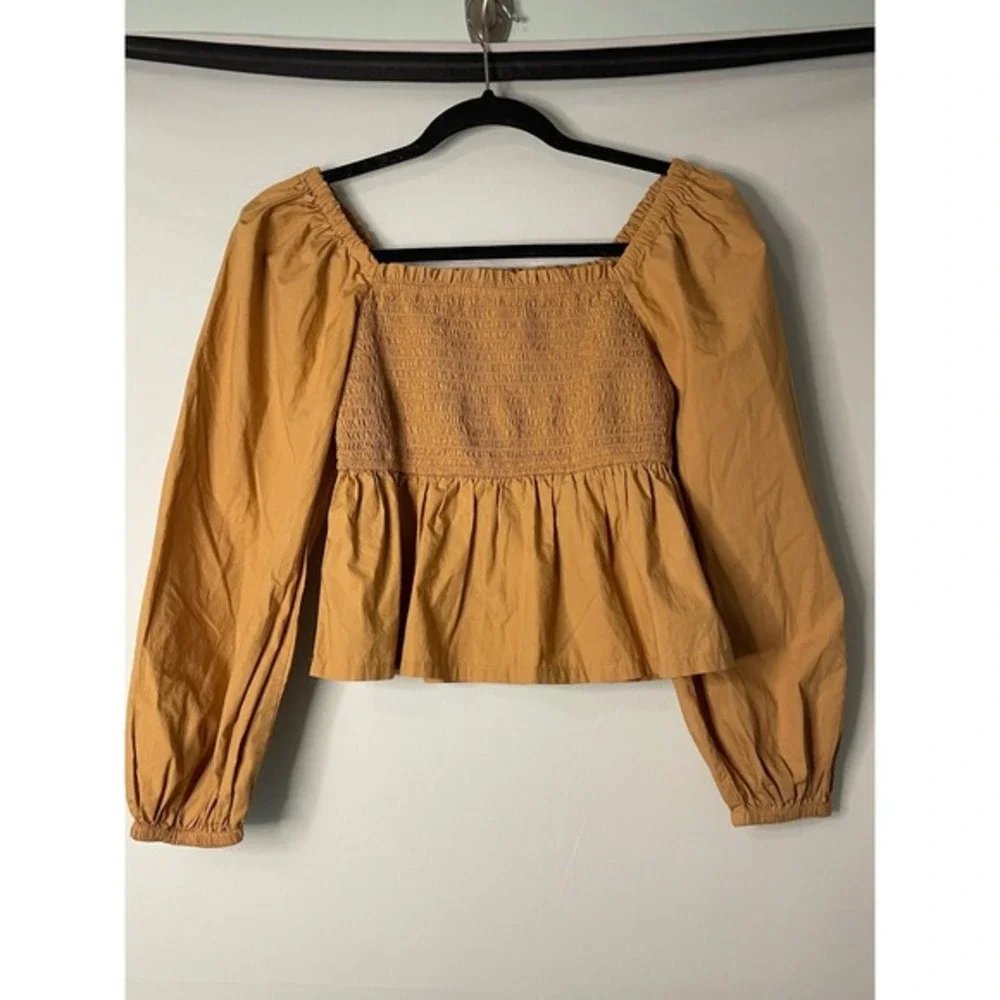 J. Crew‎ Square Neck Smocked Peplum Long Sleeve Top Camel Tan XS